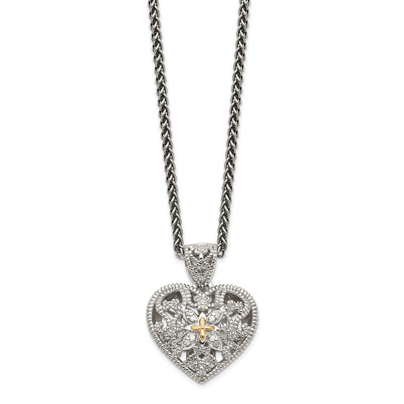 Sterling Silver Antiqued with 14K Accent 18 Inch Diamond Vintage Heart Necklace