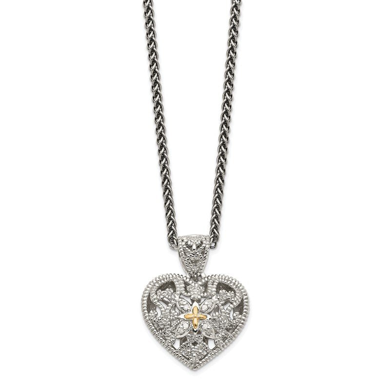 Sterling Silver Antiqued with 14K Accent 18 Inch Diamond Vintage Heart Necklace