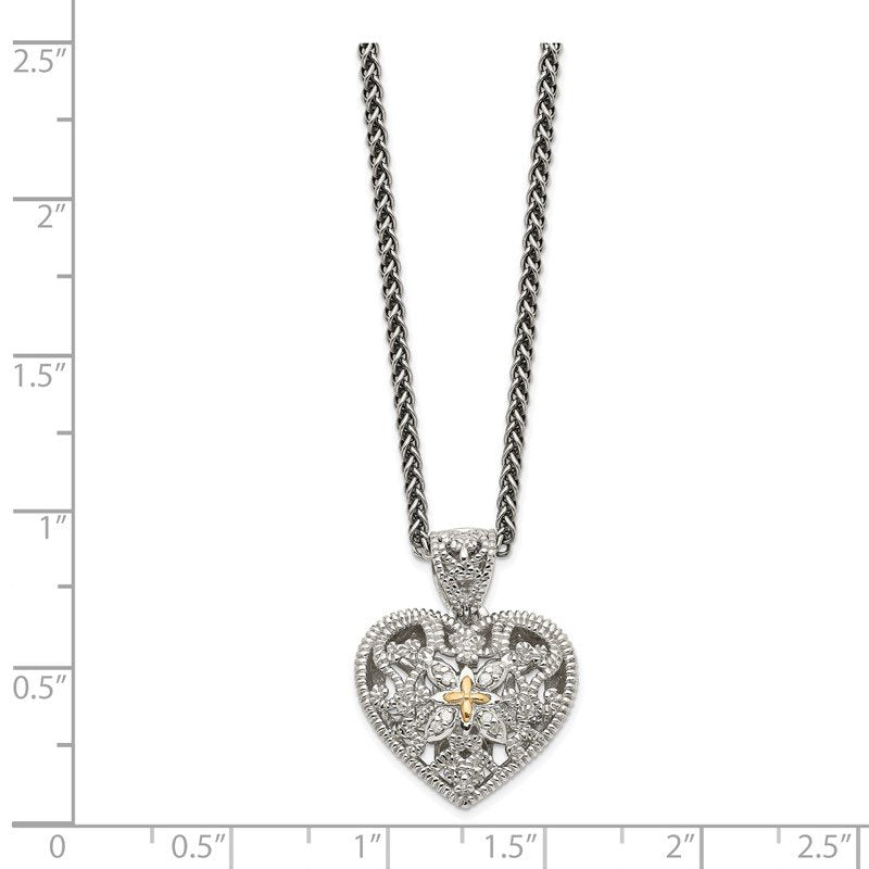 Sterling Silver Antiqued with 14K Accent 18 Inch Diamond Vintage Heart Necklace