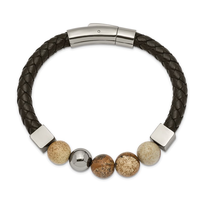 Stainless Steel Polished with Brown Jasper Beads Black Leather 8 inch Bracelet