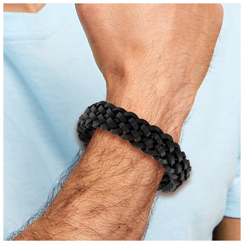 Stainless Steel Brushed Black Braided Leather 8.5 inch Bracelet