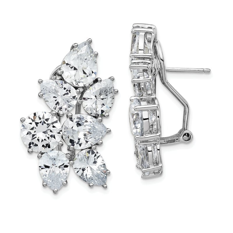Sterling Silver Rhodium-plated Fancy Brilliant-cut CZ Cluster Omega Back Earrings