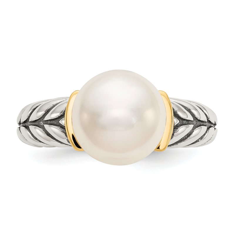 Sterling Silver with 14K Accent Antiqued 10mm Button Freshwater Cultured Pearl Ring