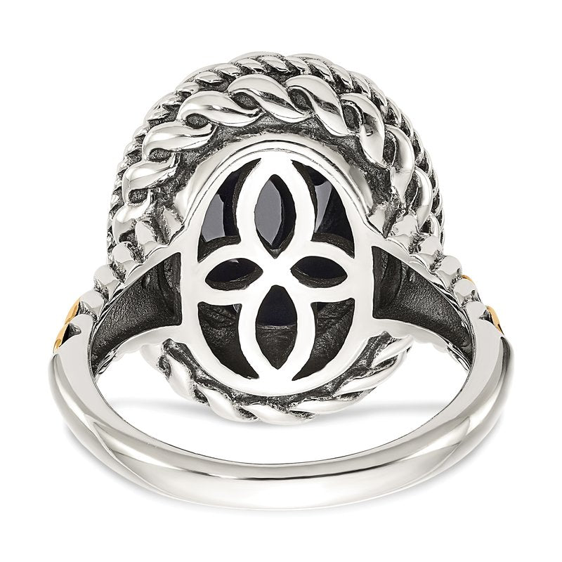 Sterling Silver with 14K Accent Antiqued Checkerboard-cut Black Onyx Ring