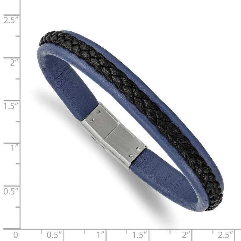 Stainless Steel Polished Blue and Black Faux Leather 8.25 inch Bracelet