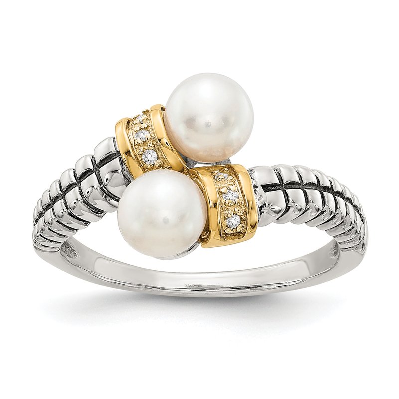 Sterling Silver with 14K Accent Antiqued 5.5-6mm Freshwater Cultured Pearl and Diamond By-Pass Ring