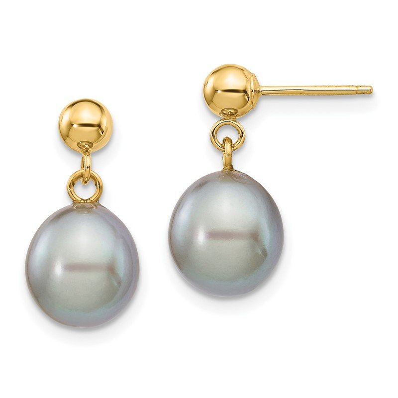 14k 8-9mm Grey Rice Freshwater Cultured Pearl Dangle Post Earrings