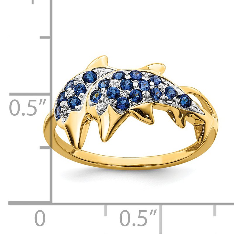 14k w/ Rhodium Diamond and Sapphire Dolphins Ring