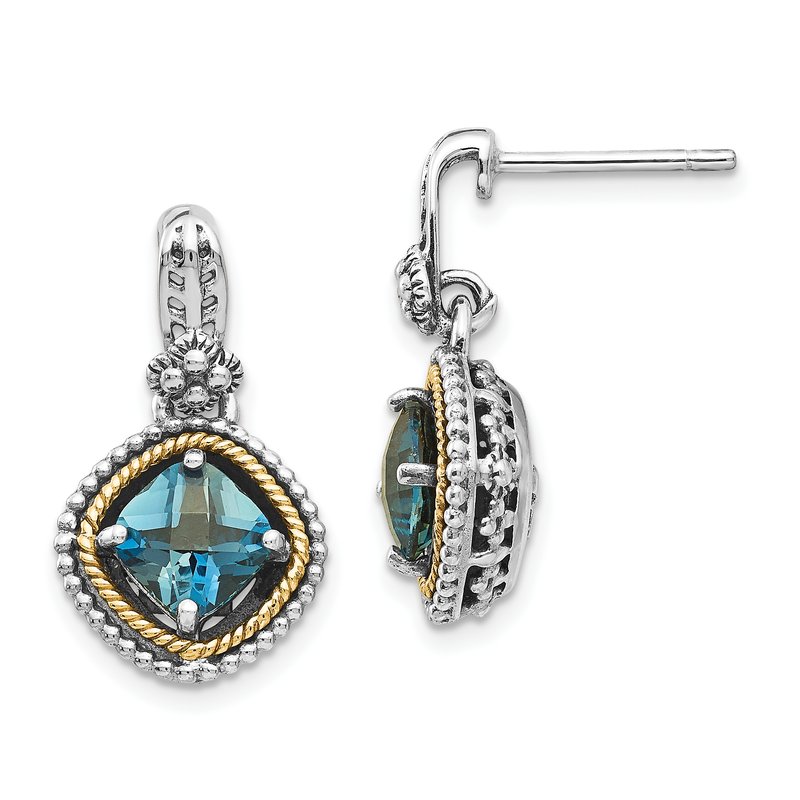 Sterling Silver with 14K Accent Antiqued Cushion London Blue Topaz Post Dangle Earrings