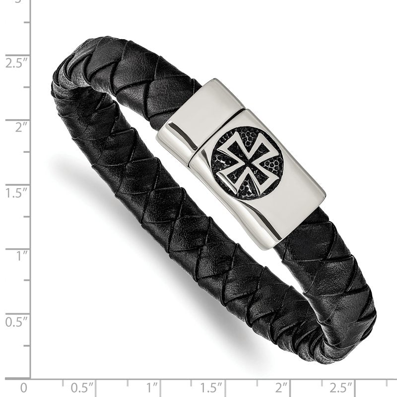 Stainless Steel Antiqued and Polished Cross Black Leather 8.5 inch Bracelet