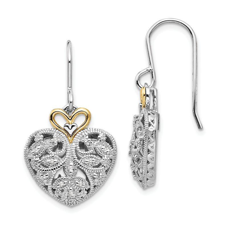 Sterling Silver Rhodium-plated with 14K Accent Diamond Shepherd Hook Dangle Vintage Heart Earrings