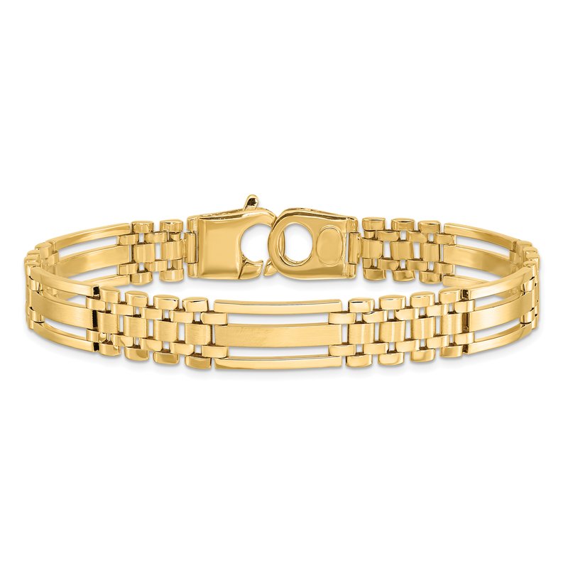 14k Polished and Satin 10mm Fancy Bar Link 8.75 inch Mens Bracelet