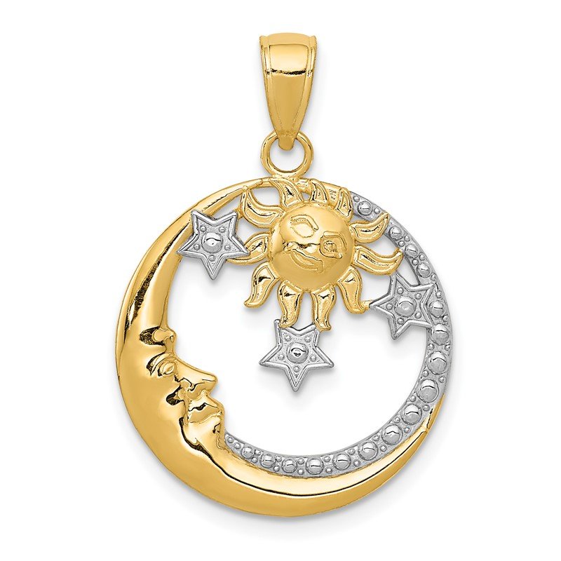 14k and White Rhodium Diamond-cut Moon/Stars/Sun Pendant
