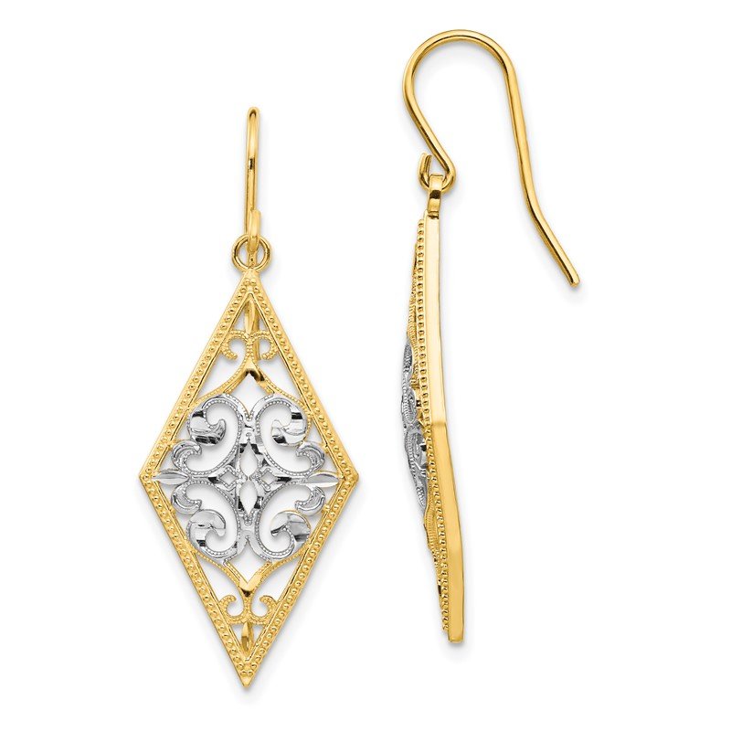 14K &amp; Rhodium Diamond Shape Filigree Dangle Earrings