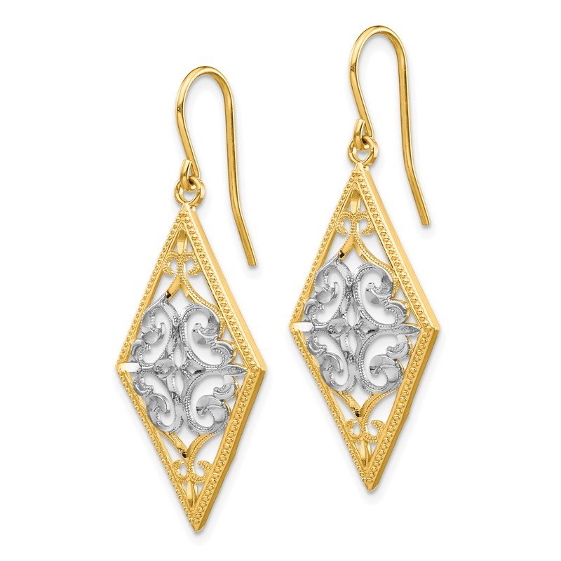 14K & Rhodium Diamond Shape Filigree Dangle Earrings