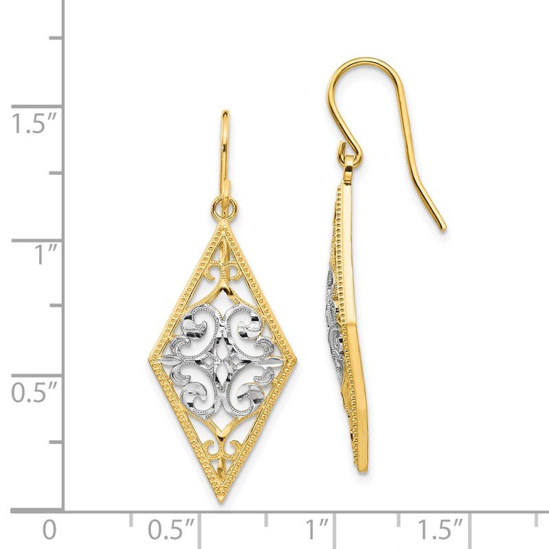 14K &amp; Rhodium Diamond Shape Filigree Dangle Earrings
