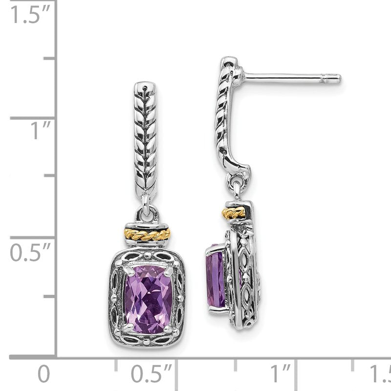 Sterling Silver with 14K Accent Antiqued Cushion Amethyst Post Dangle Earrings