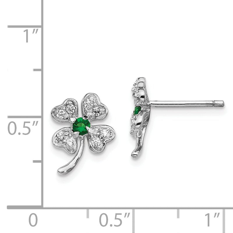 Sterling Silver Rhodium-plated Brilliant-cut Green Glass and Brilliant-cut White CZ Four Leaf Clover Post Earrings