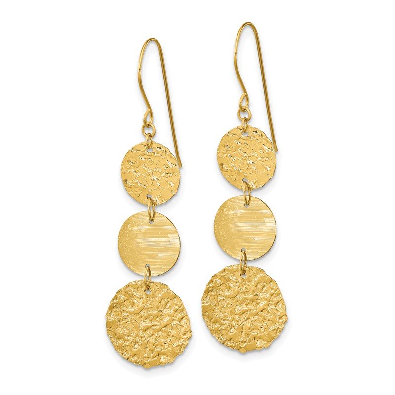14K Polished and Textured 3-Tier Circle Drop Shepherd Hook Dangle Earrings