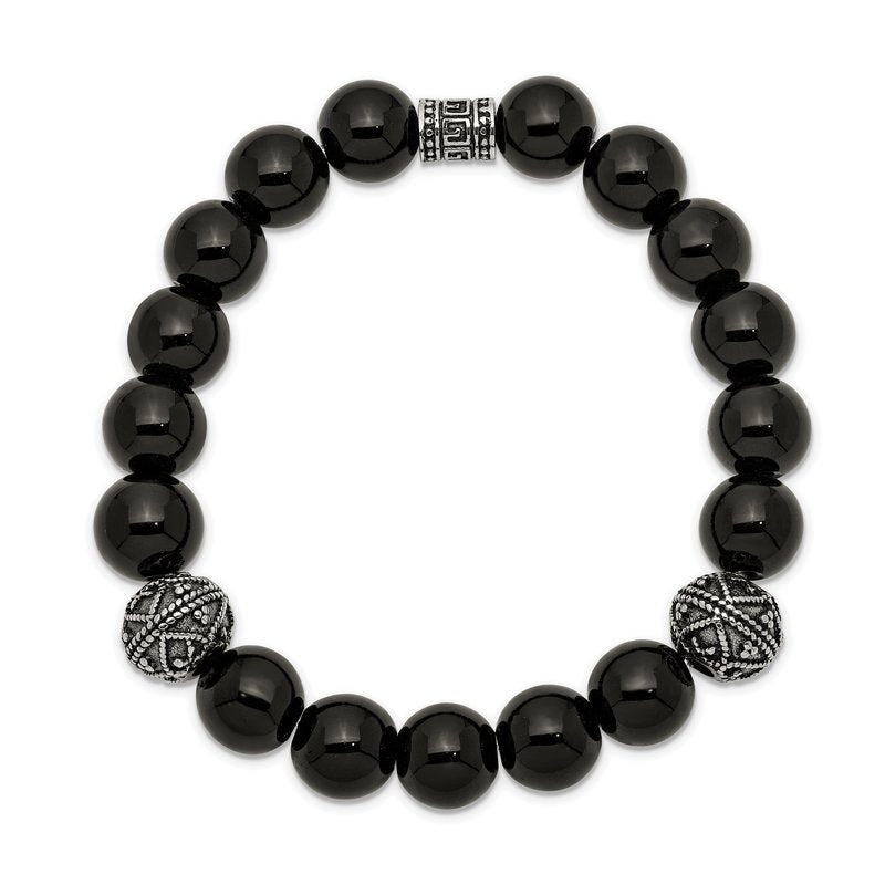 Stainless Steel Antiqued and Polished 10mm Black Agate Beaded Stretch Bracelet