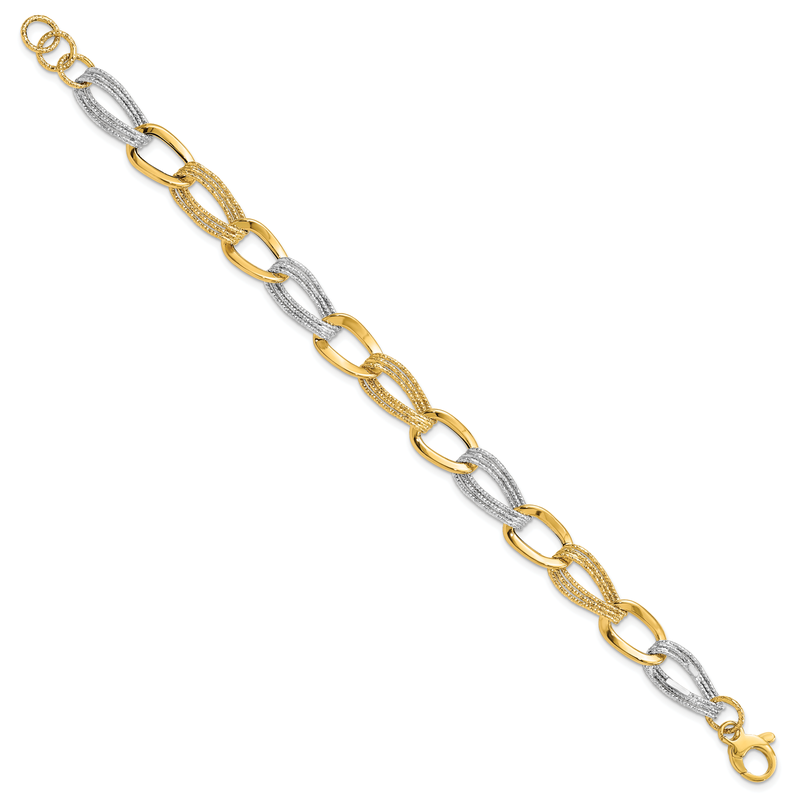 14k Two Tone Polished and Textured 9mm Fancy Link 8 inch Bracelet