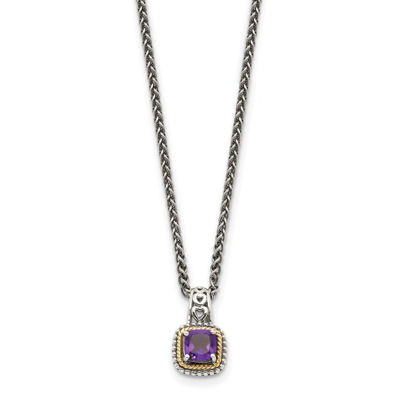 Sterling Silver with 14K Accent 18 Inch Antiqued Cushion Amethyst Necklace