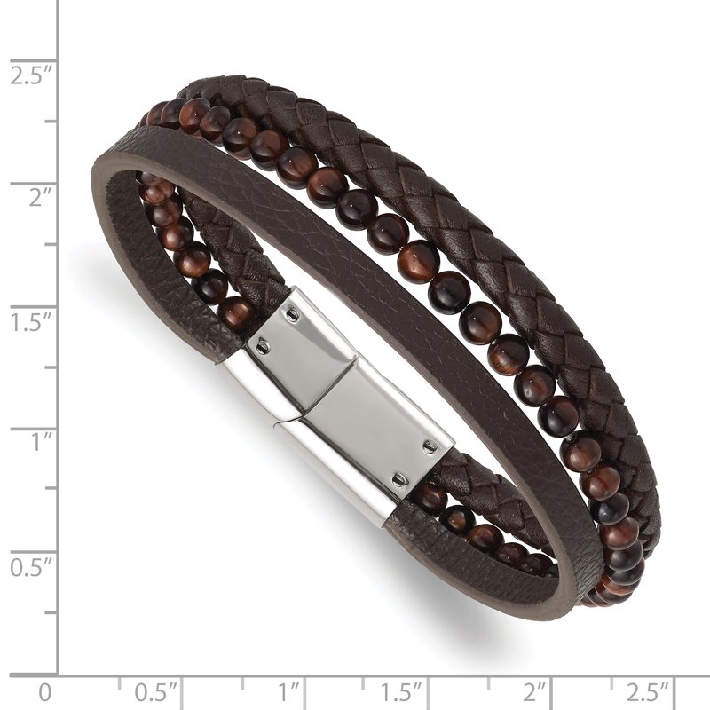 Stainless Steel Polished Multi Strand Tiger's Eye Beaded Brown Leather 8.25 inch Bracelet