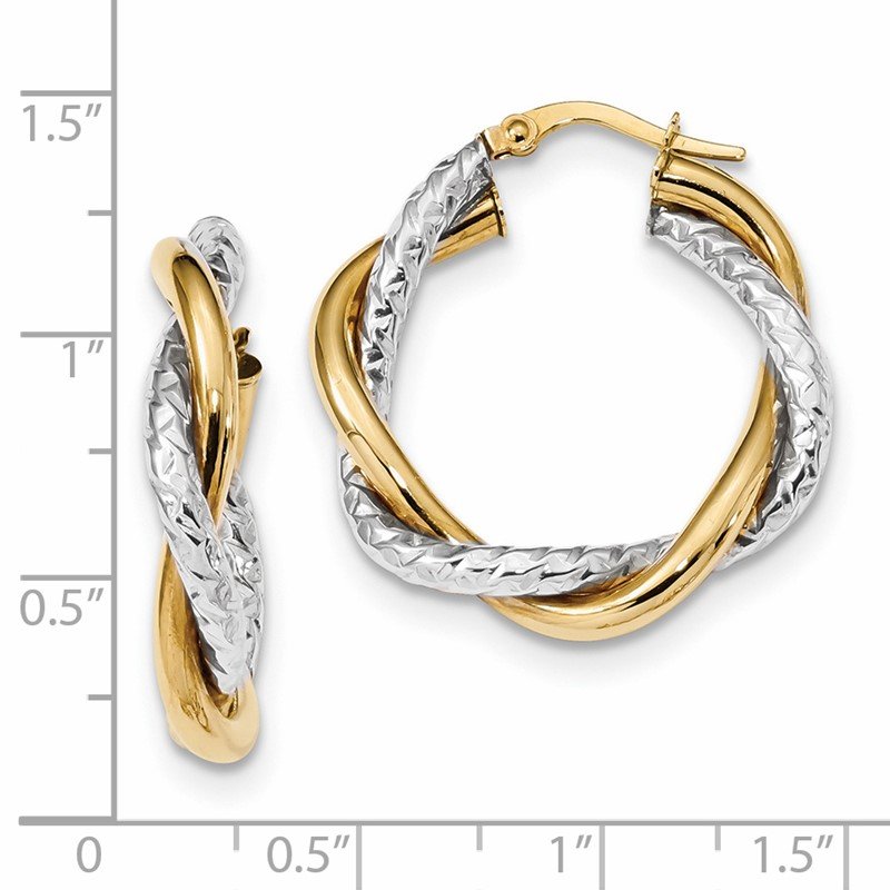 14k Two-tone Polished and Textured Twisted Hoop Earrings