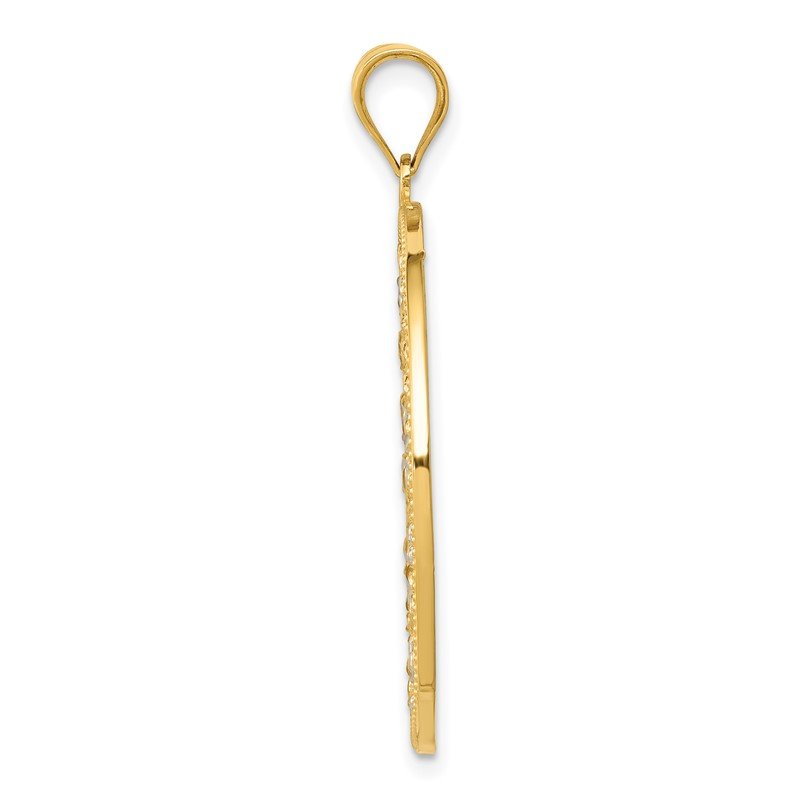 14K and White Rhodium Diamond-cut Circle Pendant
