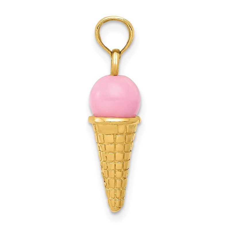 14K Satin Polished 3-D Pink Quartz Bead Ice Cream Cone Charm