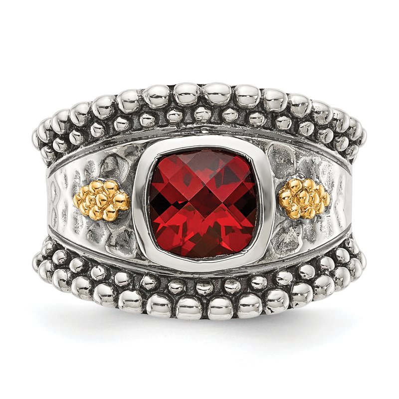 Sterling Silver with 14K Accent Antiqued Cushion Bezel Garnet Ring