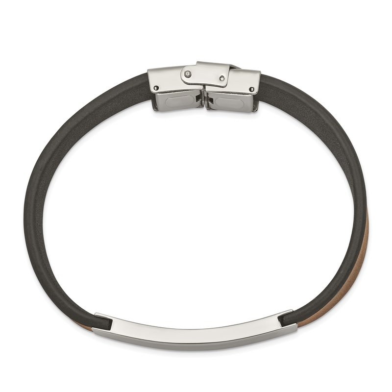 Stainless Steel Polished Black and Brown Leather 8.25 inch ID Bracelet