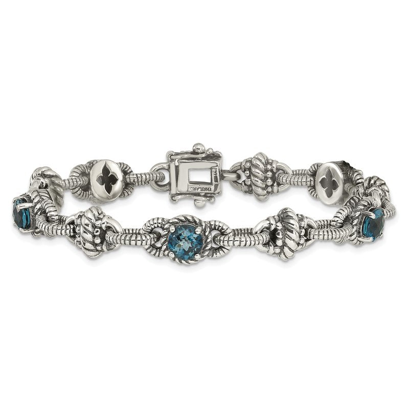 Sterling Silver 7.75 inch Antiqued Round London Blue Topaz Bracelet