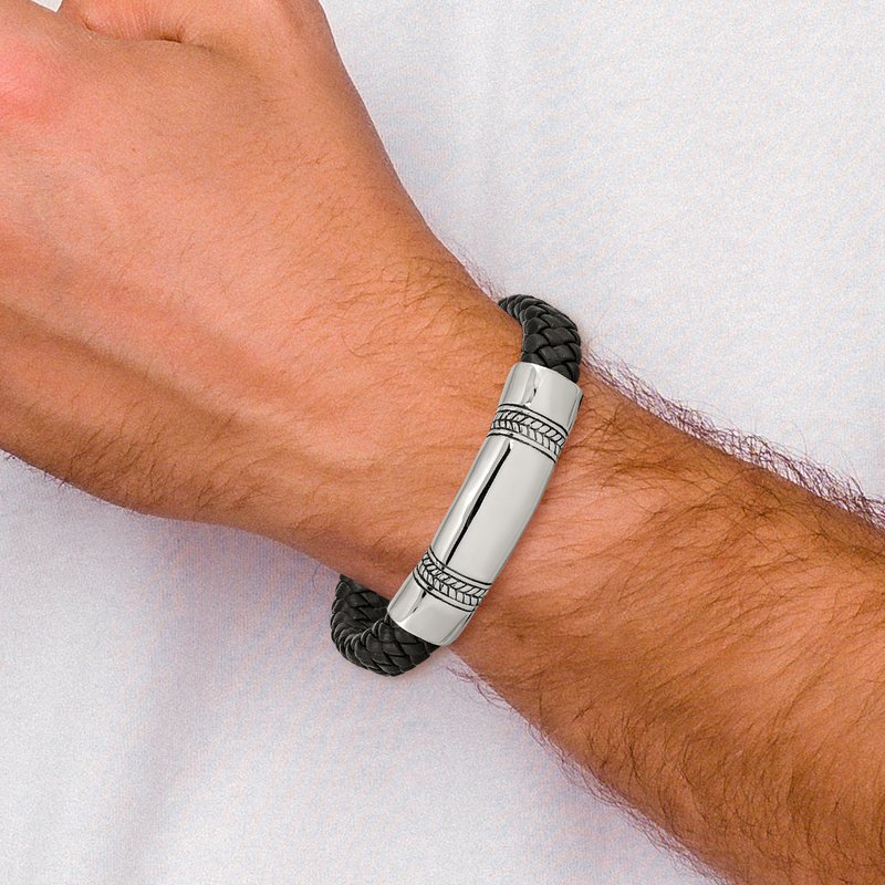 Stainless Steel Antiqued and Polished Braided Black Leather 8.25 inch ID Bracelet