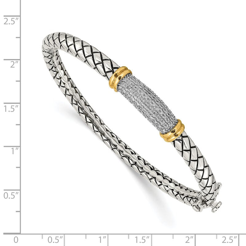 Sterling Silver with 14K Accent Antiqued Diamond Hinged Bangle Bracelet
