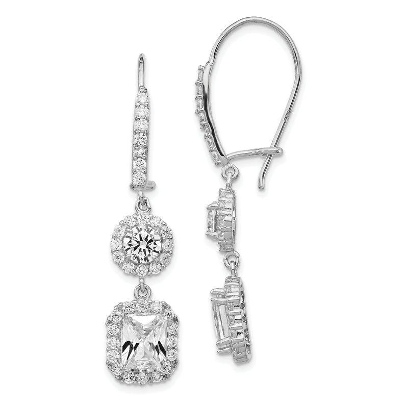 Sterling Silver Rhodium-plated Elongated Cushion-cut and Brilliant-cut CZ Halo Kidney Wire Dangle Earrings