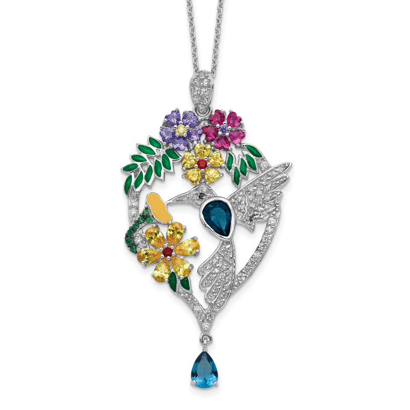Sterling Silver Rhodium-plated Enameled Multicolor Brilliant-cut Glass and CZ Floral Hummingbird 18 Inch Necklace