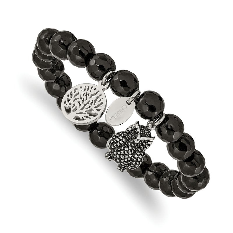 Stainless Steel Antiqued and Polished Owl and Tree of Life 8mm Black Jade Beaded Stretch Bracelet