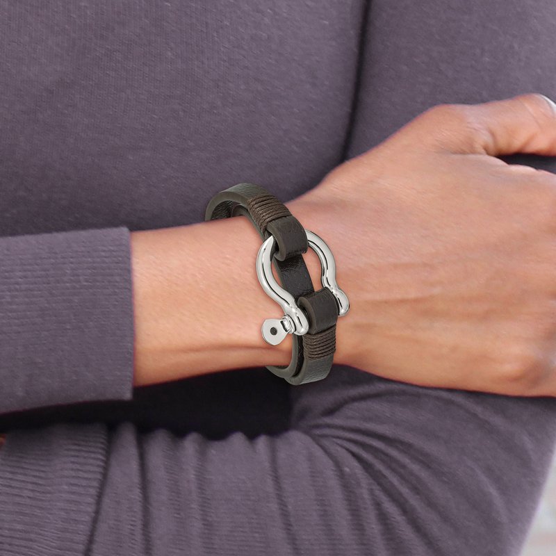 Stainless Steel Polished Shackle Brown Leather 16 inch Wrap Bracelet