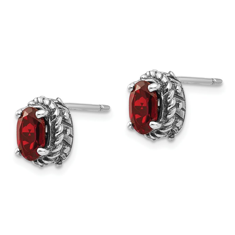 Sterling Silver Antiqued Oval Garnet Post Earrings