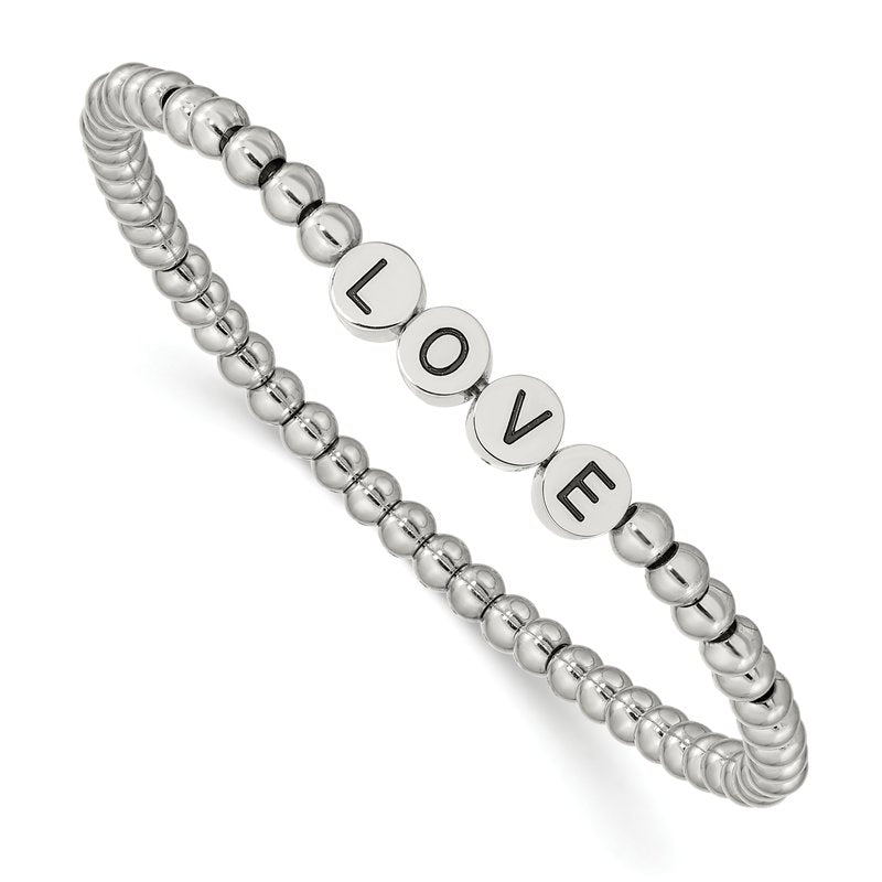 Stainless Steel Antiqued and Polished LOVE 4mm Beaded Stretch Bracelet