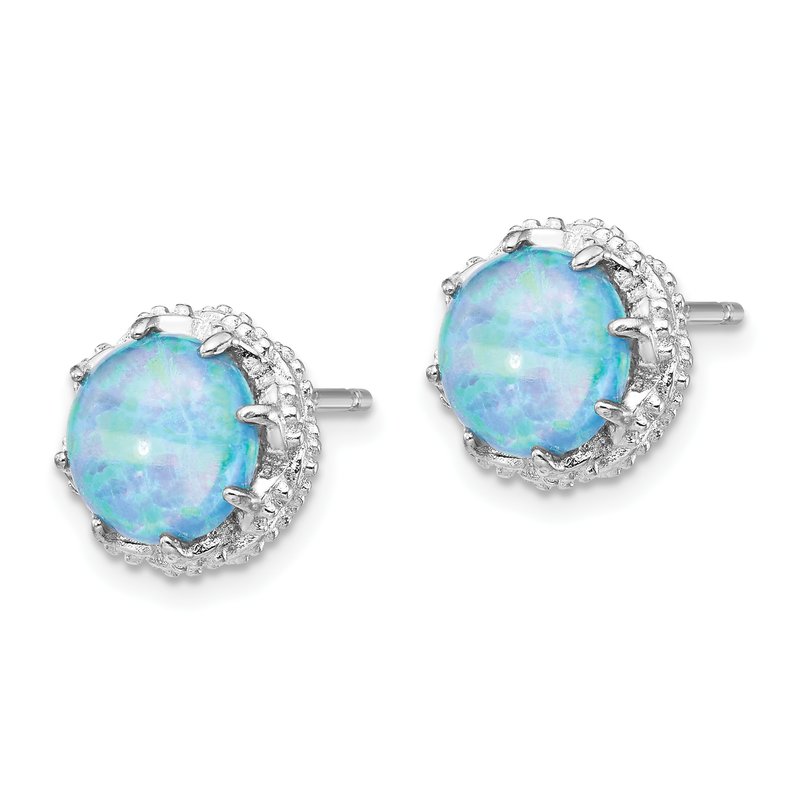 Sterling Silver Rhodium-plated Cabochon Lab Created Blue Opal and Brilliant-cut CZ Post Earrings