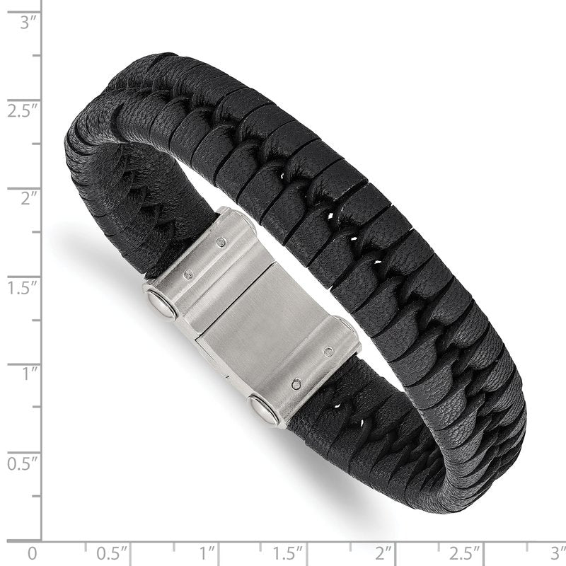 Stainless Steel Brushed Black Leather 8.5 inch Bracelet