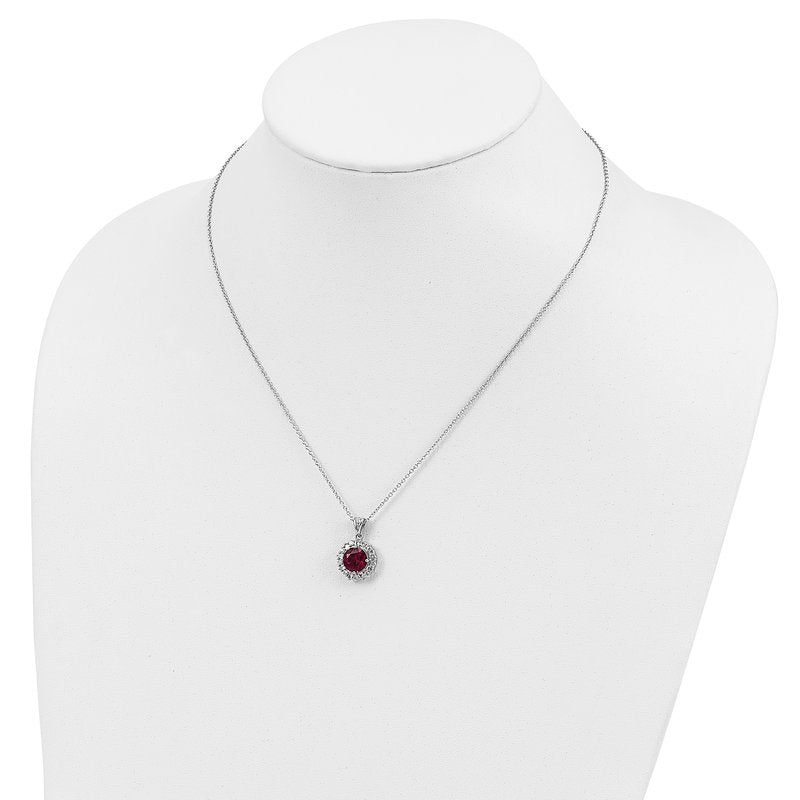 Sterling Silver Rhodium-plated Brilliant-cut Lab Created Ruby and Brilliant-cut/Baguette-cut White CZ 18 Inch Necklace
