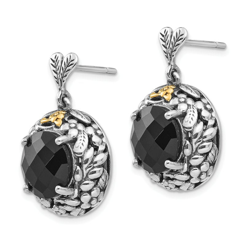 Sterling Silver with 14K Accent Antiqued Checkerboard-cut Black Onyx Post Dangle Earrings