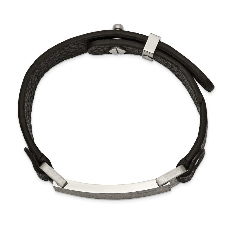 Stainless Steel Polished Scratch Finished Black Leather Adjustable ID Bracelet