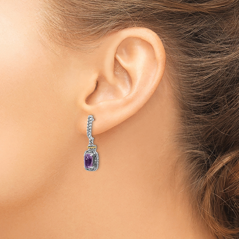 Sterling Silver with 14K Accent Antiqued Cushion Amethyst Post Dangle Earrings