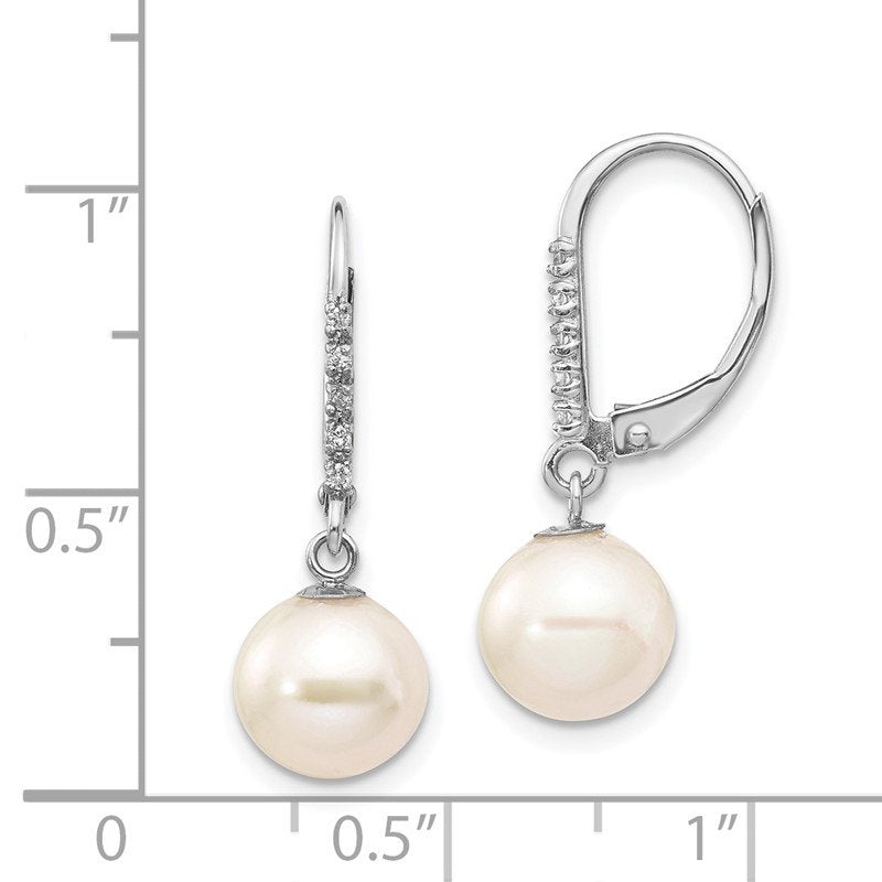 14k White Gold 8-9mm White Round Freshwater Cultured Pearl and .05 Carat Diamond Dangle Leverback Earrings