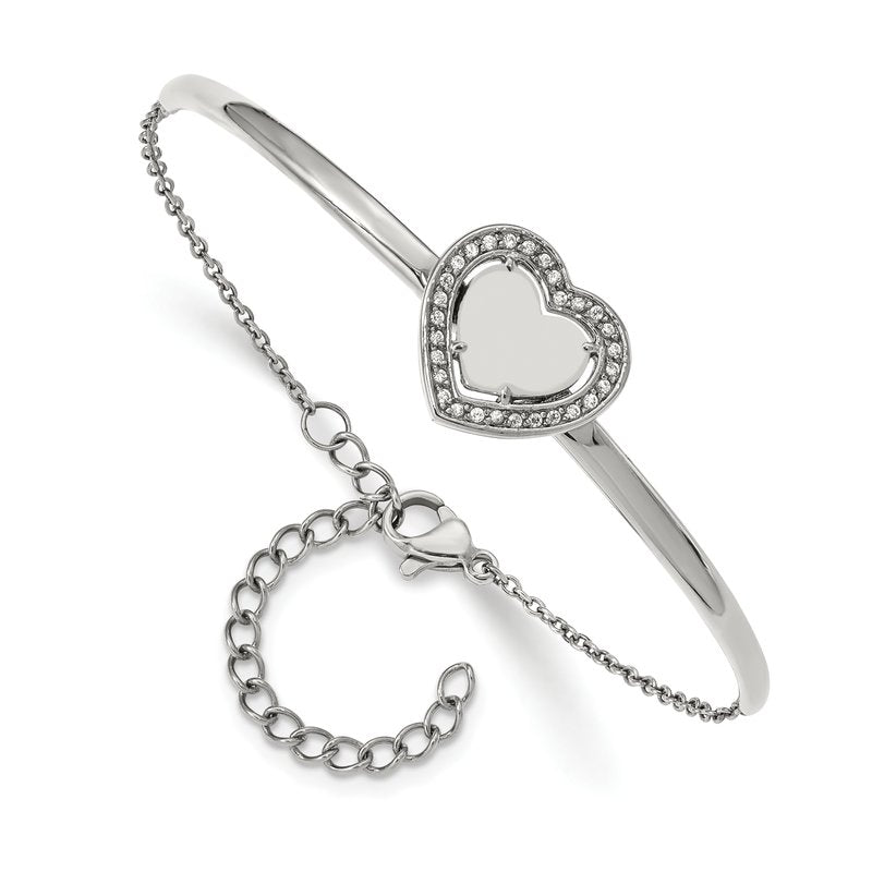 Stainless Steel Polished with CZ Heart 6.5 inch Bangle Bracelet with 2 inch Extension