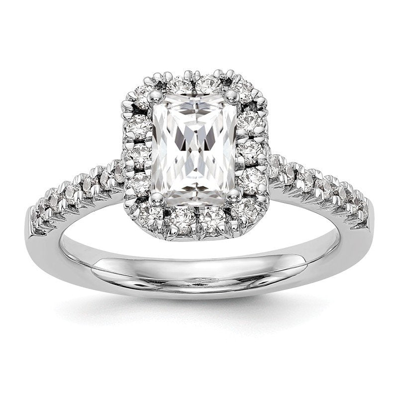 14K White Gold 1/4 carat Lab Grown Diamond VS+ F+ Semi-Mount Emerald Halo Engagement Ring